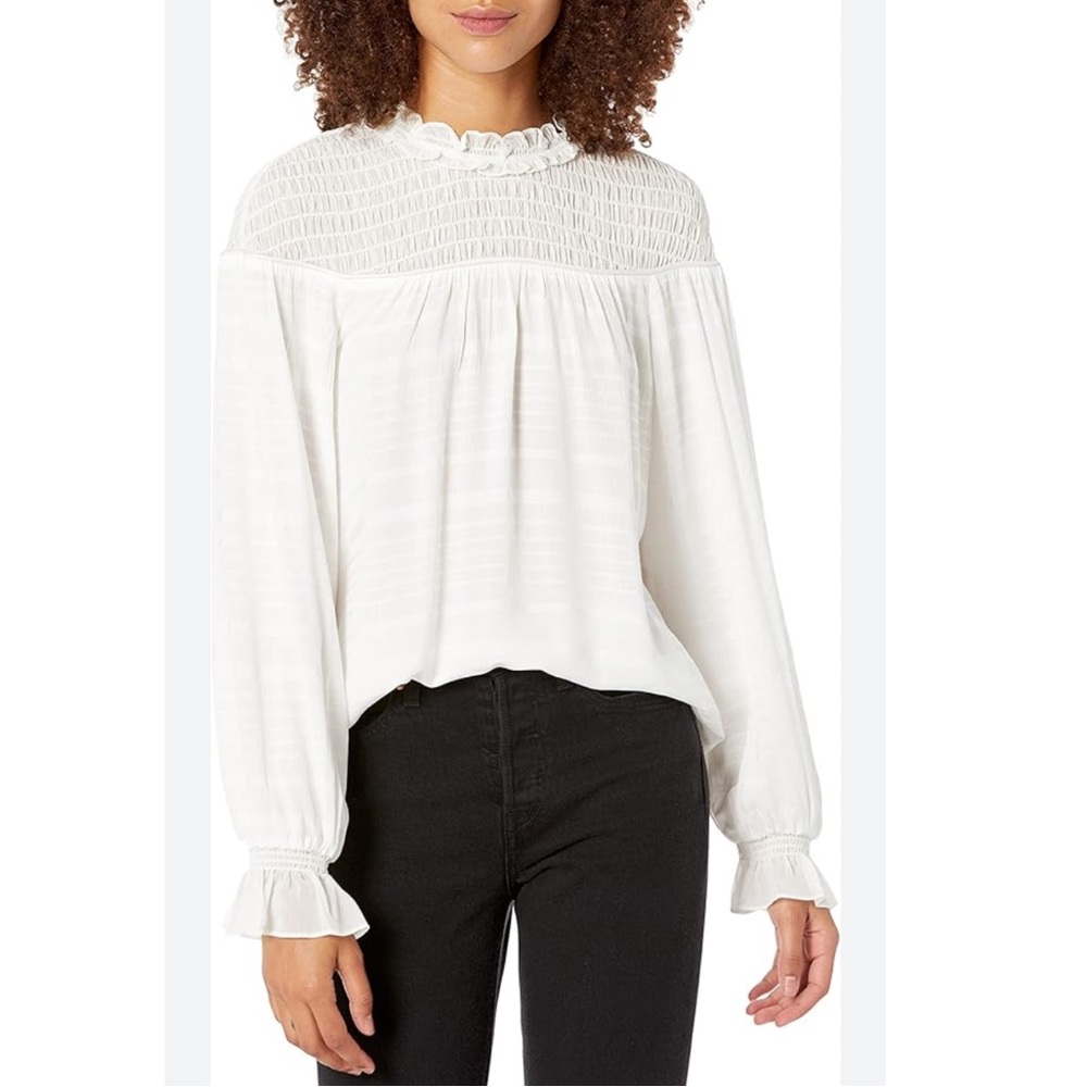 Ramy Brook White Smocked Yoke Long-Sleeve Blouse